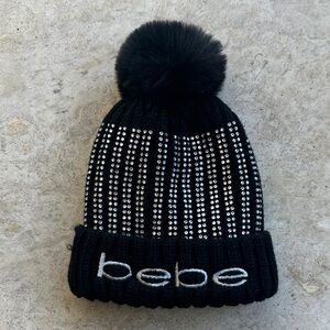 Bebe Black Knit Beanie with Crystal Accents and Faux Fur Pom Pom